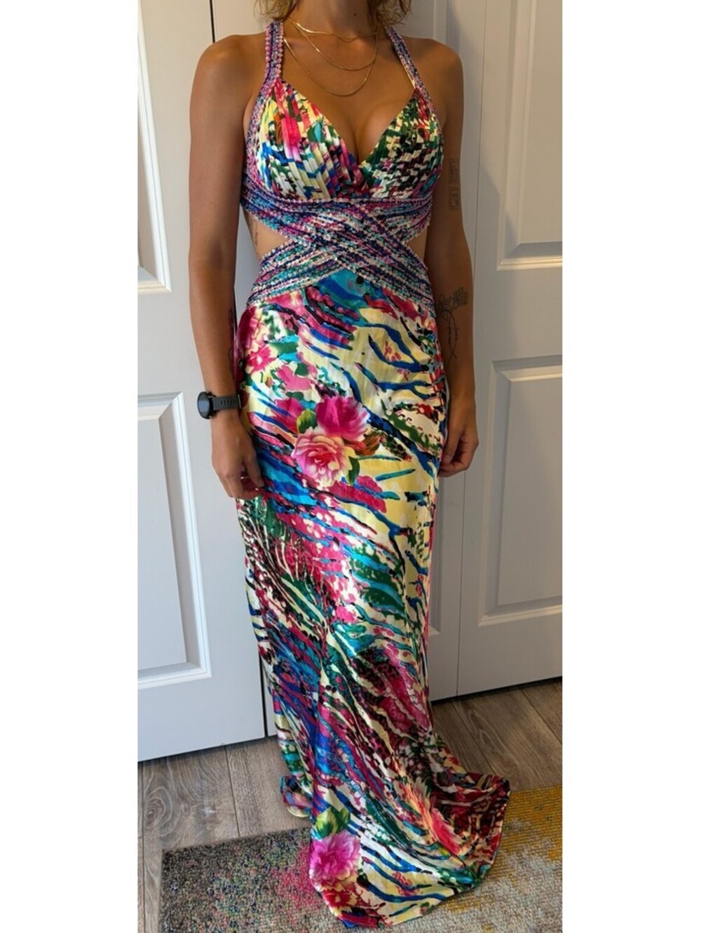 Vintage Cache 100% Silk Multicolor Y2K 1990s Maxi Dress Sz 4 Rhinestones Sequins